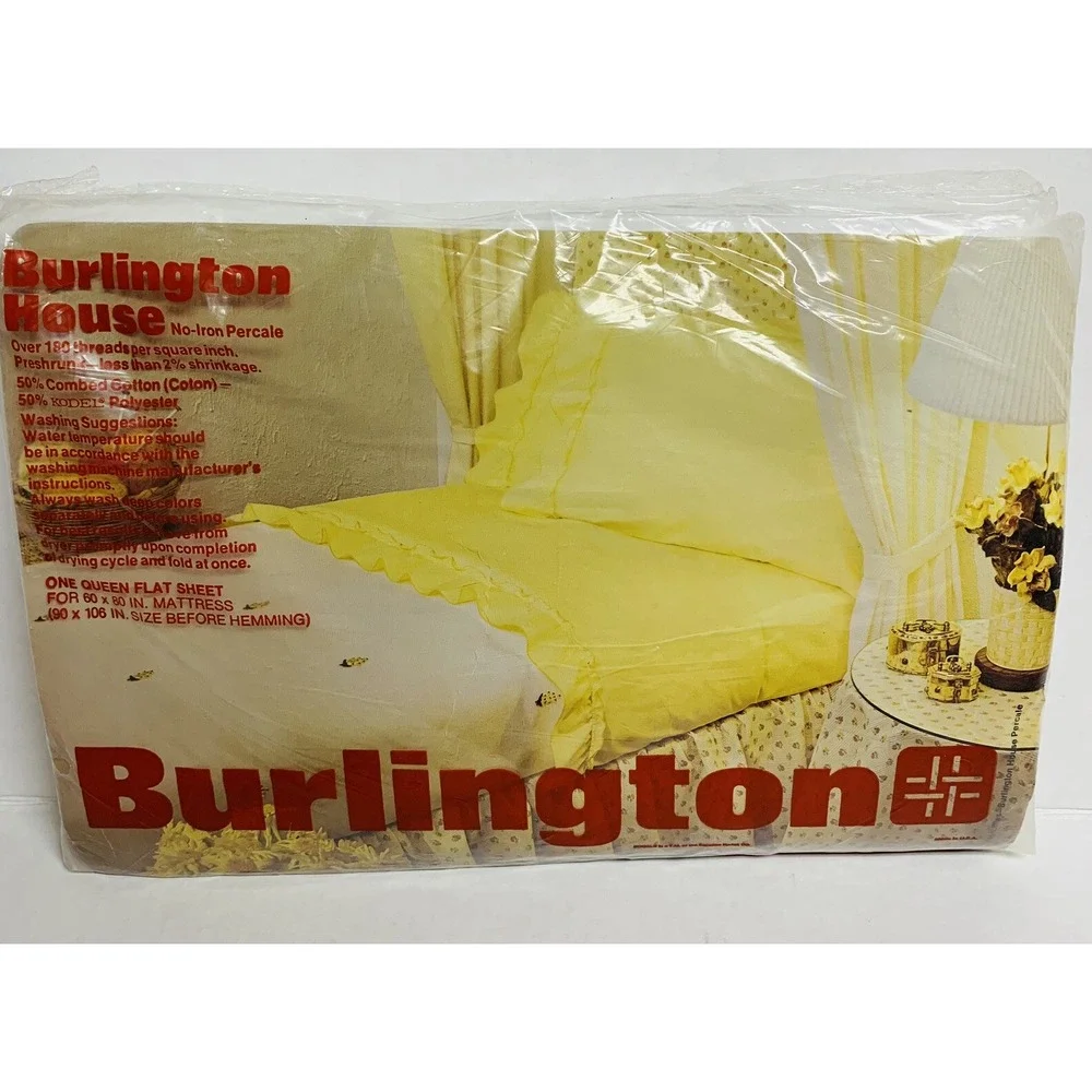 Vtg Burlington House Queen Flat Sheet White Ruffle No Iron Percale Made USA NOS